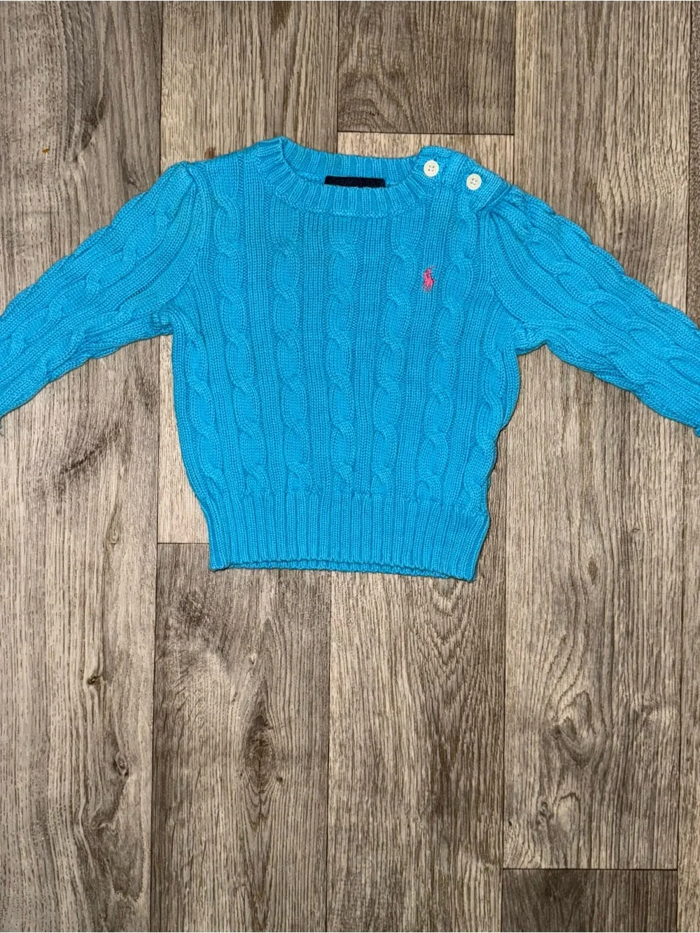 Ralph Lauren Turquoise Cable-Knit Crew Sweater with Shoulder Buttons
